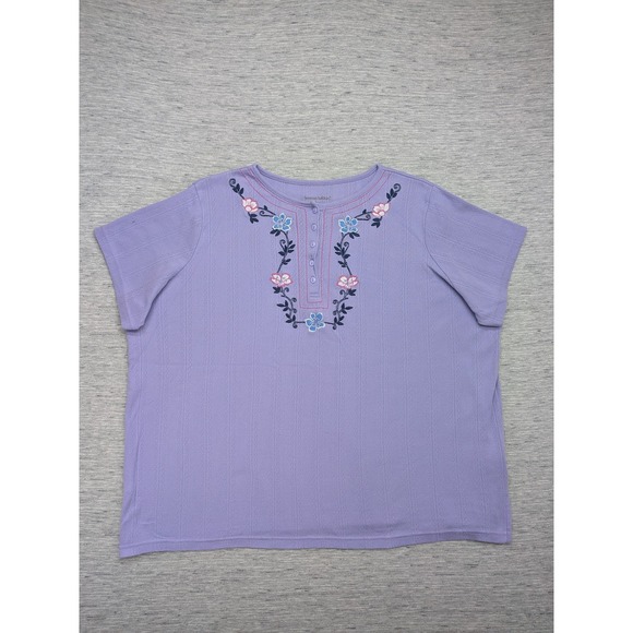Woman Within Embroidered Floral Pointelle Shirt Womens 1X 22/24 Purple Henley‎ - Picture 1 of 8